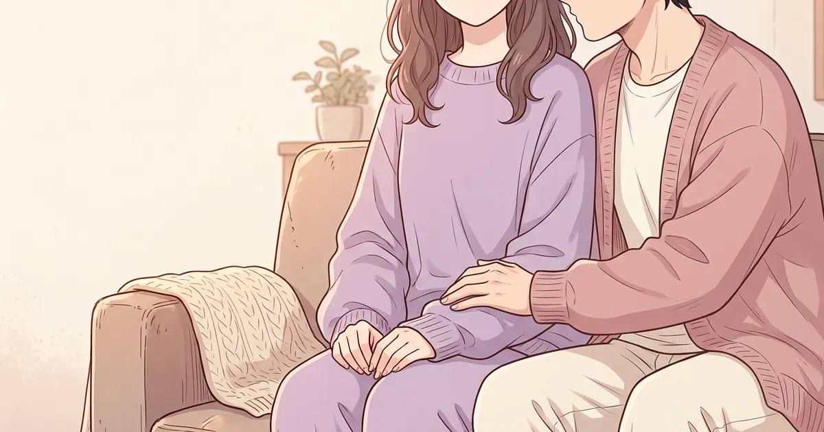 ソファで寄り添い、そっと手を重ねるふたり